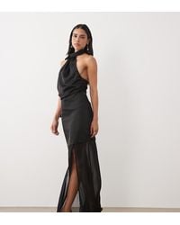 Kaiia - Exclusive Satin Halterneck Scarf Detail Sheer Hem Maxi Dress - Lyst