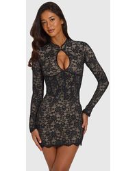 Oh Polly - Lace Mandarin Collar Key Hole Detail Long Sleeve Mini Dress - Lyst