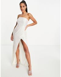 Club L London Sequin Iridescent Strapless Split Maxi Dress - White