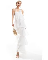 Pieces - Maxi Jurk Met Ruches, Stroken En Corsagedetail - Lyst