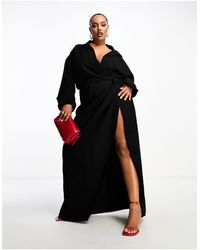 ASOS - Asos Design Curve Exclusive Washed Balloon Sleeve Maxi Dress With High Split - Lyst