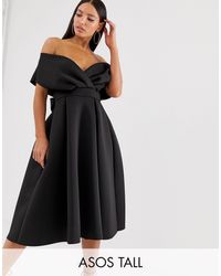 ASOS Asos Design - Tall - Midi-avondjurk Met Verlaagde Schouders En Strikdetail - Zwart