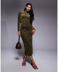 New Look - Vestido Midi Caqui De Manga Larga De Terciopelo Devoré De -Verde - Lyst