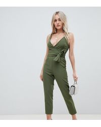 ASOS Asos Design Petite Wrap Front Jumpsuit With Peg Leg And Self Belt - Green