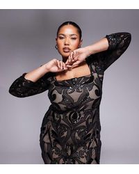 Goddiva - Curve Square Neck Scalloped Lace Midi Dress - Lyst