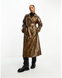 Monki - Faux Leather Oversized Belted Trench Coat - Lyst
