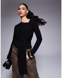 ASOS - Brushed Asymmetric Neck Long Sleeve Top With Tie Waist Detail - Lyst