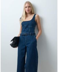 Abercrombie & Fitch - Square Neck Belted Denim Jumpsuit - Lyst