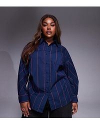 ASOS - Camisa Azul A Rayas Rojas Extragrande Con Detalle Entallado En La Cintura De Asos Design Curve - Lyst
