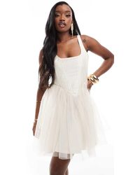 LACE & BEADS - Mini Korset-Jurk Van Tule Met Verlaagde Taille - Lyst
