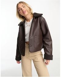 Monki - Cropped Faux Leather And Shearling Jacket - Lyst