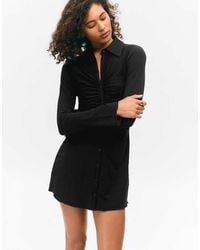 Monki - Ruched Front Long Sleeve Mini Shirt Dress - Lyst