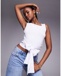 ASOS - Brushed Asymmetric Neck Short Sleeve Top With Tie Waist Detail - Lyst