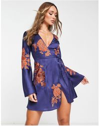 ASOS - Asos Desgin Embroidered Floral Mini Wrap Dress With Flared Sleeves - Lyst