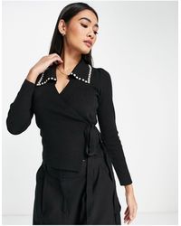 Fashion Union Wrap Knit Cardigan With Pearl Detail Collar - Black