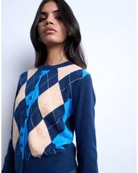 TOPSHOP - Knitted Fine Argyle Cardigan - Lyst