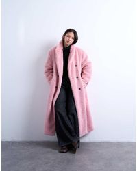 TOPSHOP - Double Breasted Borg Longline Coat - Lyst