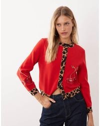 Never Fully Dressed - Contrast Leopard Embroidered Cherry Cardigan - Lyst