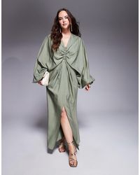 ASOS - Asos Design Curve Plunge Elasticated Maxi Dress With Blouson Sleeve - Lyst