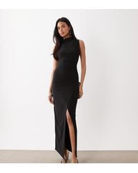 Kaiia - Exclusive Double Layered Slinky High Neck Ruched Side Detail Maxi Dress - Lyst
