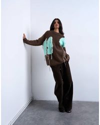 TOPSHOP - Maglione Lavorato Color Cioccolato Con Fiori E Nappe - Lyst