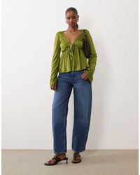 ASOS - Crinkle Lace Trim Plunge Top With Flare Sleeve - Lyst