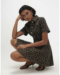 River Island - Leopard Print Pleat Front Denim Dress - Lyst