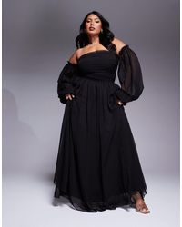 Lace & Beads Plus - Robe longue à épaules dénudées et manches ballon - Lyst
