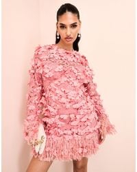 ASOS - 3d Floral Embellished Broderie Mini Dress With Faux Feather Trim - Lyst