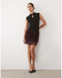 Vila - High Waist Sequin & Velour Mini Skirt With Lace Trim - Lyst