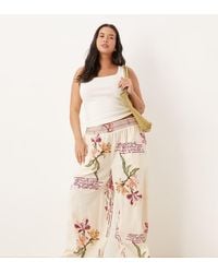 ASOS - Pantalones De Pernera Ancha Sin Cierres Con, Detalle Fruncido En La Cintura Y Detalles Marrones De Mezcla De Lino De Curve - Lyst