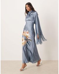 ASOS - Draped Neck Satin Bias Maxi Dress With Fringe Sleeve Detail - Lyst