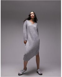 TOPSHOP - Knitted Oversized Ribbed V-neck Midi Jumper Dress - Lyst