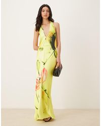 JW PEI - Halter Neck Tie Detail Plunge Neck Satin Maxi Dress - Lyst