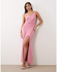 Vila - Deep V Neck Maxi Dress With Leg Split - Lyst