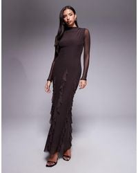 ASOS - Mesh Long Sleeve Maxi Dress With Waterfall Ruffle Skirt Detail - Lyst