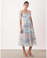 LACE & BEADS - Bow Shoulder Shirred Ruffle Midi Dress - Lyst