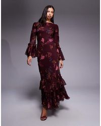 ASOS - Gestreepte Maxi-Jurk Van Chiffon Met Lange Mouwen En Ruches - Lyst