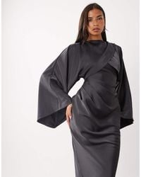 ASOS - Draped Long Sleeve Cross Front High Neck Satin Maxi Dress - Lyst