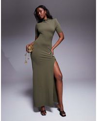 ASOS - Scuba High Neck Maxi Pencil Dress With Short Sleeves And Large Gold Button Detail Split - Lyst