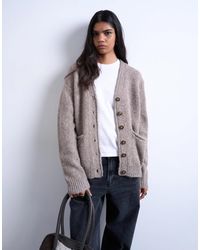 TOPSHOP - Knitted Longline Pocket Chunky Wool Mix Cardigan-neutral - Lyst