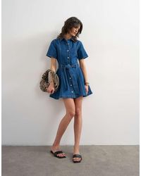 TOPSHOP - Denim Mini Jurk Met Korte Mouwen En Riem - Lyst