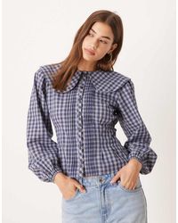 Glamorous - Blusa Azul Marino A Cuadros Con Cintura Entallada Y Solapas Grandes De - Lyst