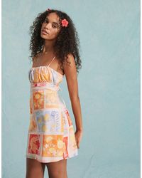 Miss Selfridge - – popeline-minikleid mit rückenschnürung und postkarten-print - Lyst
