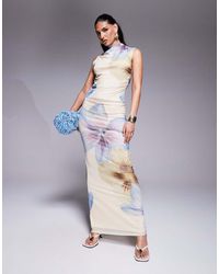 ASOS - Maxi Rok Van Mesh Met Lage Taille En Bloemenprint - Lyst