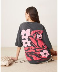 ASOS - T-shirt oversize à imprimé fleurs bouffant - anthracite délavé et rose - Lyst