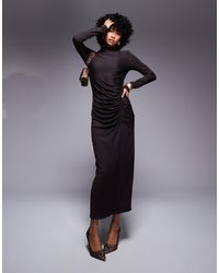 ASOS - Robe mi-longue froncée sur le côté à manches longues - chocolat - Lyst