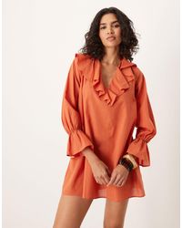 ASOS - V Neck Ruffle Long Sleeved Mini Dress - Lyst