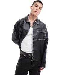 ASOS - Oversized Faux Leather Harrington Jacket With Contrast Stich - Lyst