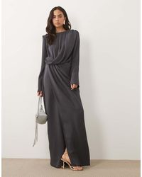 ASOS - Long Sleeve Shoulder Pad Draped Waist Detail Maxi Dress - Lyst